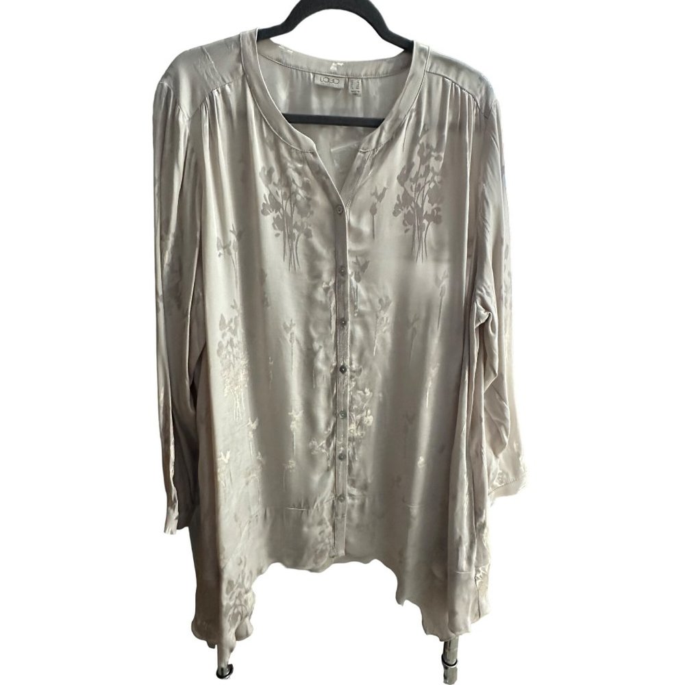 LOGO by Lori Goldstein size 1X champagne satin like rayon floral long sleeve top